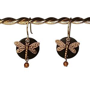 Goldtone Dragonfly Earrings On Black Disc Pierced Dangle Lightweight 1/4 Inch